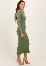 PinkBlush Olive Ribbed Knit Fitted Midi Sweater Dress - 