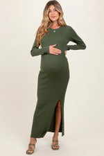 PinkBlush Olive Ribbed Knit Long Sleeve Side Slit Maternity Maxi Dress - 