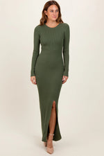 PinkBlush Olive Ribbed Knit Long Sleeve Side Slit Maternity Maxi Dress - 