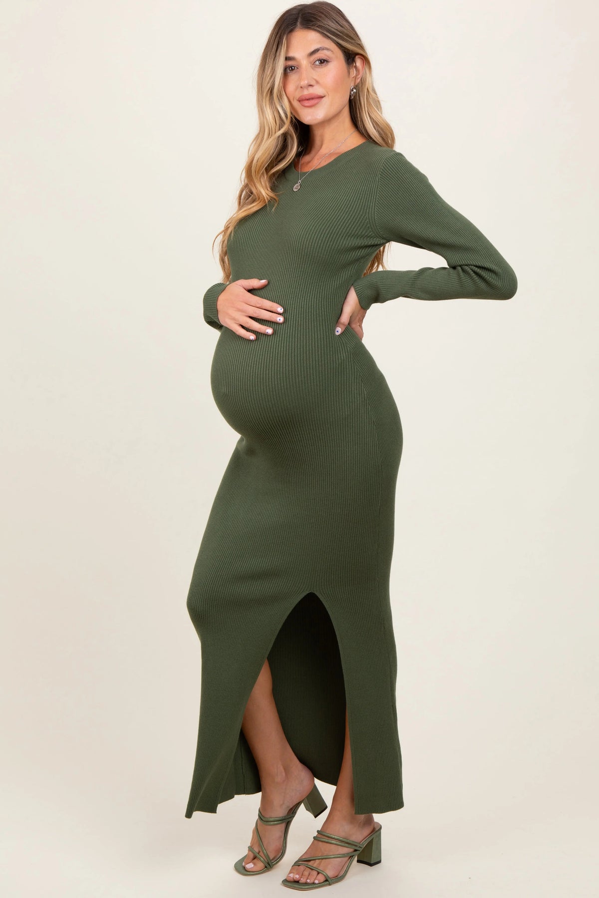 PinkBlush Olive Ribbed Knit Long Sleeve Side Slit Maternity Maxi Dress - 