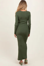 PinkBlush Olive Ribbed Knit Long Sleeve Side Slit Maternity Maxi Dress - 