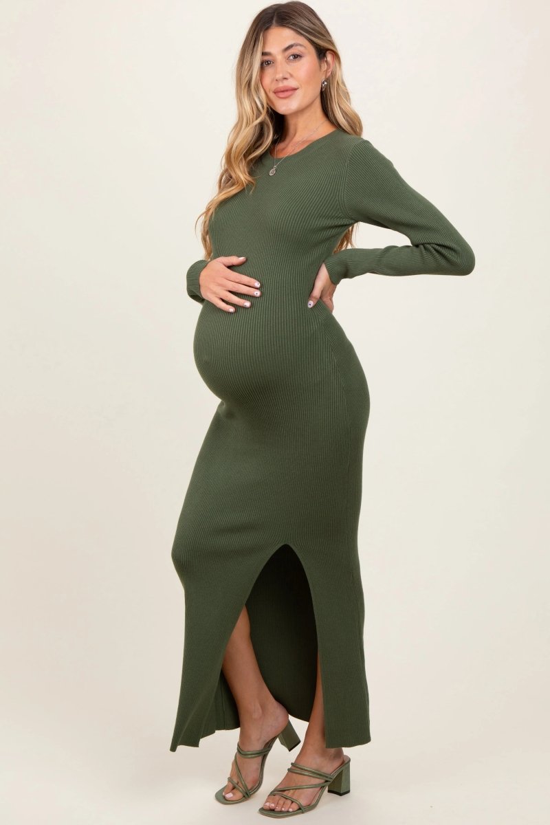 PinkBlush Olive Ribbed Knit Maternity - Chic Maxi Dress with Side Slit - 