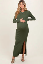 PinkBlush Olive Ribbed Knit Maternity - Chic Maxi Dress with Side Slit - 