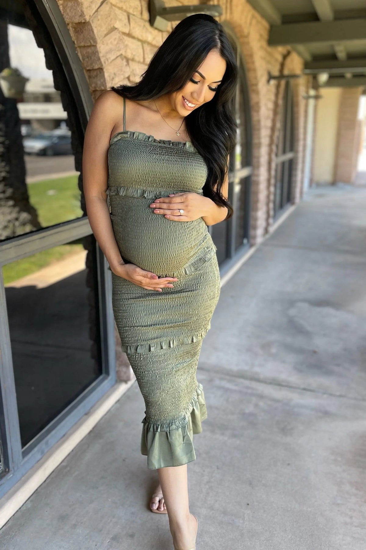 PinkBlush Olive Satin Smocked Fitted Maternity Midi Dress - 