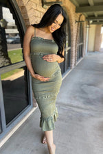 PinkBlush Olive Satin Smocked Fitted Maternity Midi Dress - 