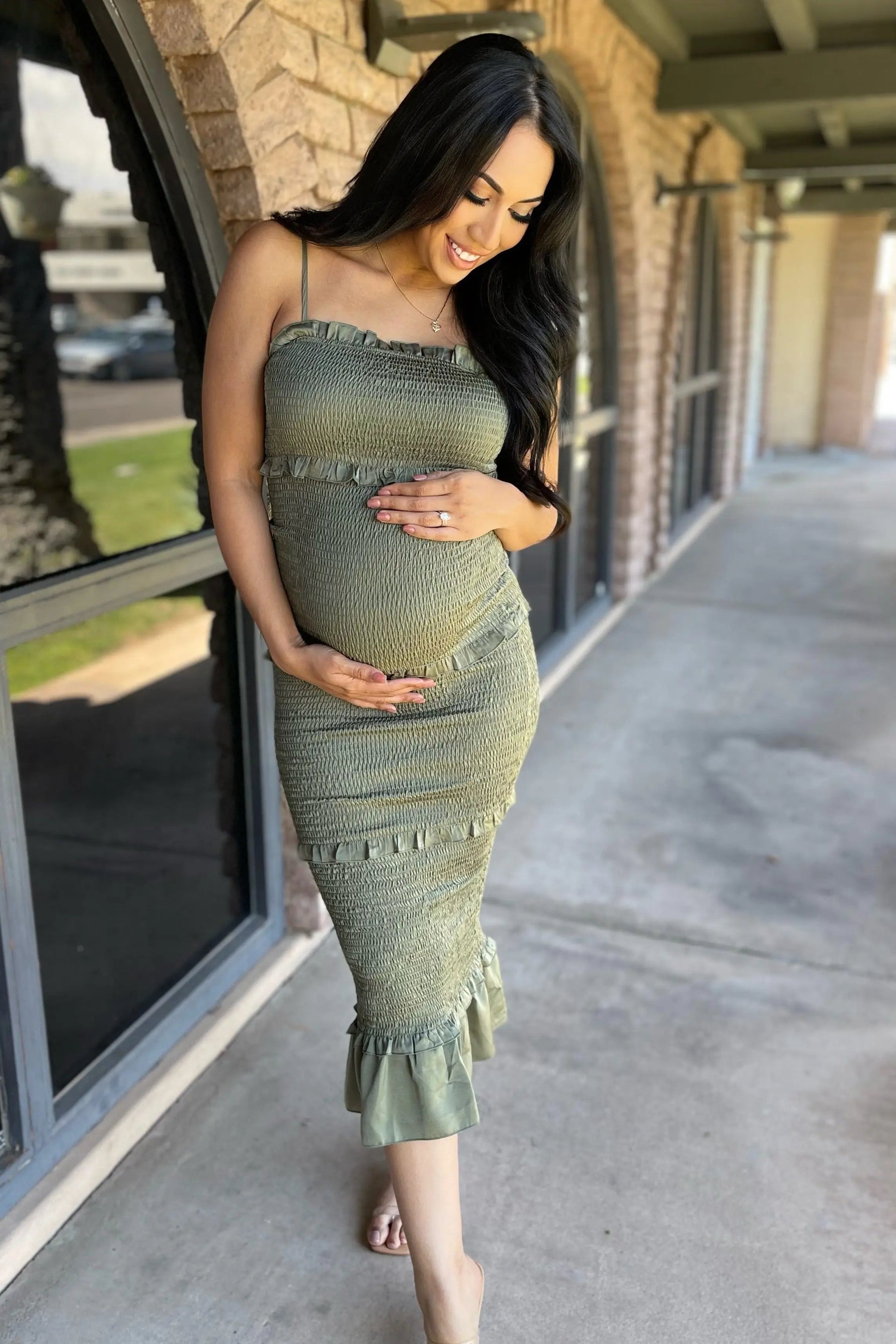 PinkBlush Olive Satin Smocked Fitted Maternity Midi Dress - 
