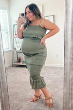 PinkBlush Olive Satin Smocked Fitted Maternity Midi Dress - 