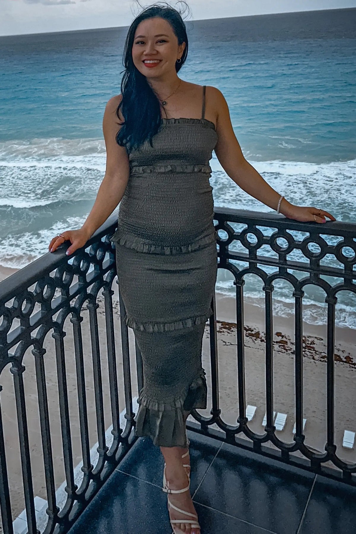 PinkBlush Olive Satin Smocked Fitted Maternity Midi Dress - 