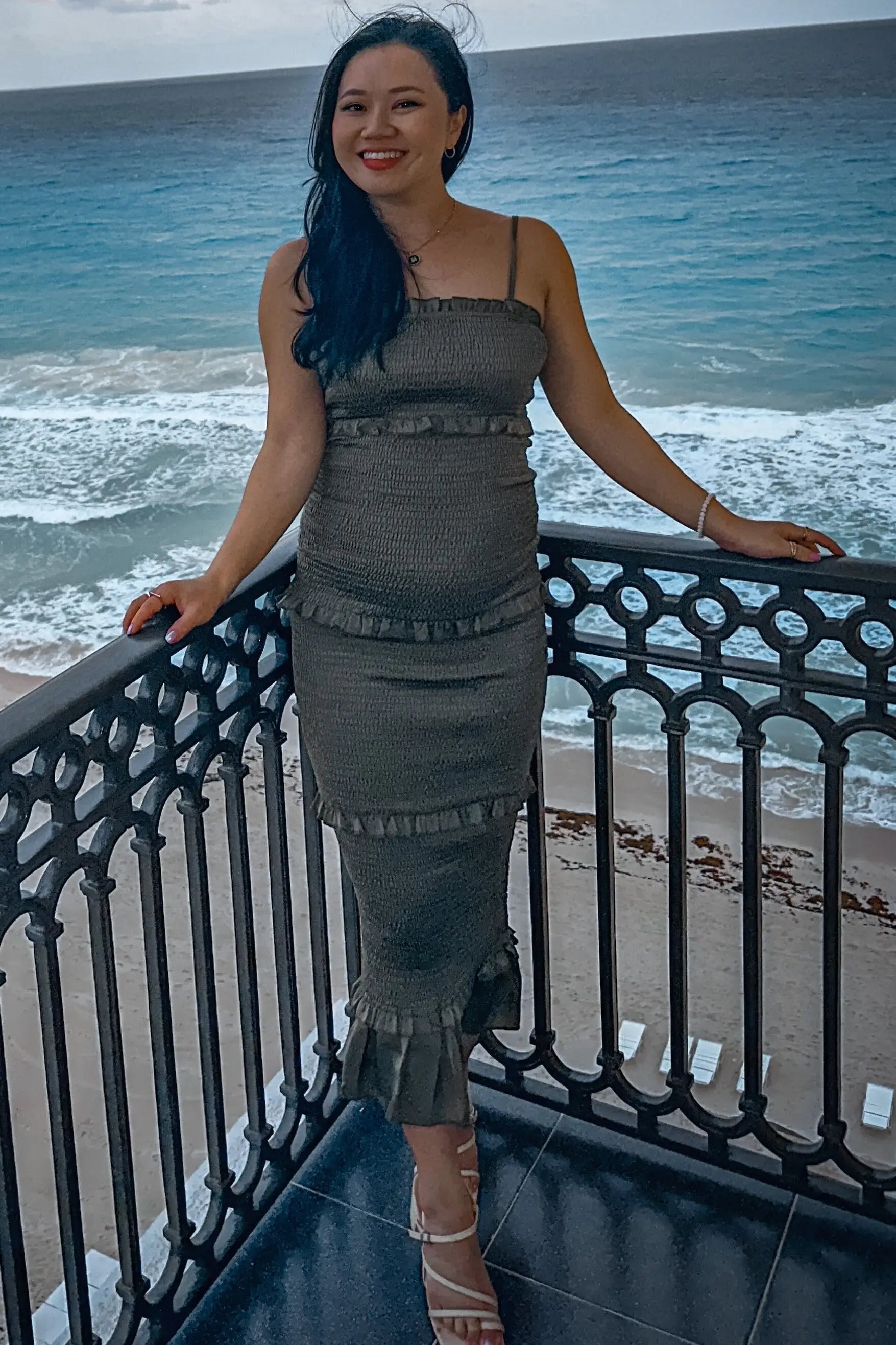 PinkBlush Olive Satin Smocked Fitted Maternity Midi Dress - 