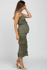 PinkBlush Olive Satin Smocked Fitted Maternity Midi Dress - 