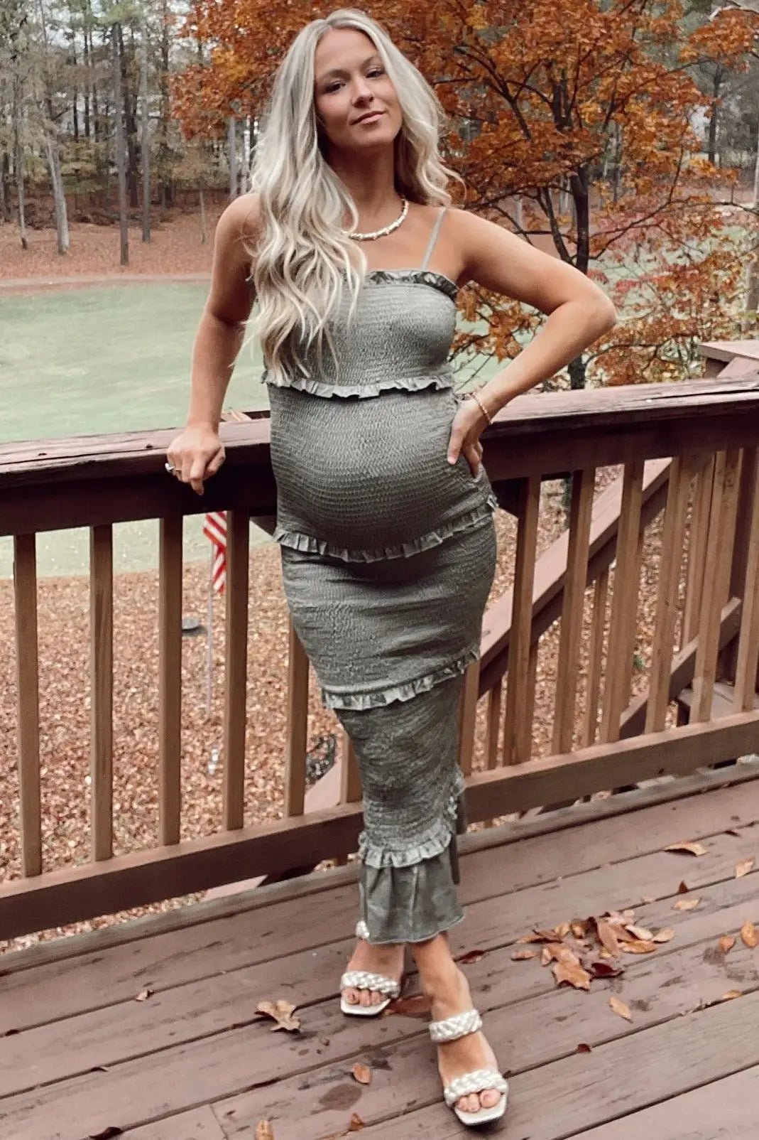 PinkBlush Olive Satin Smocked Fitted Maternity Midi Dress - 