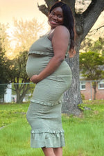 PinkBlush Olive Satin Smocked Fitted Maternity Midi Dress - 