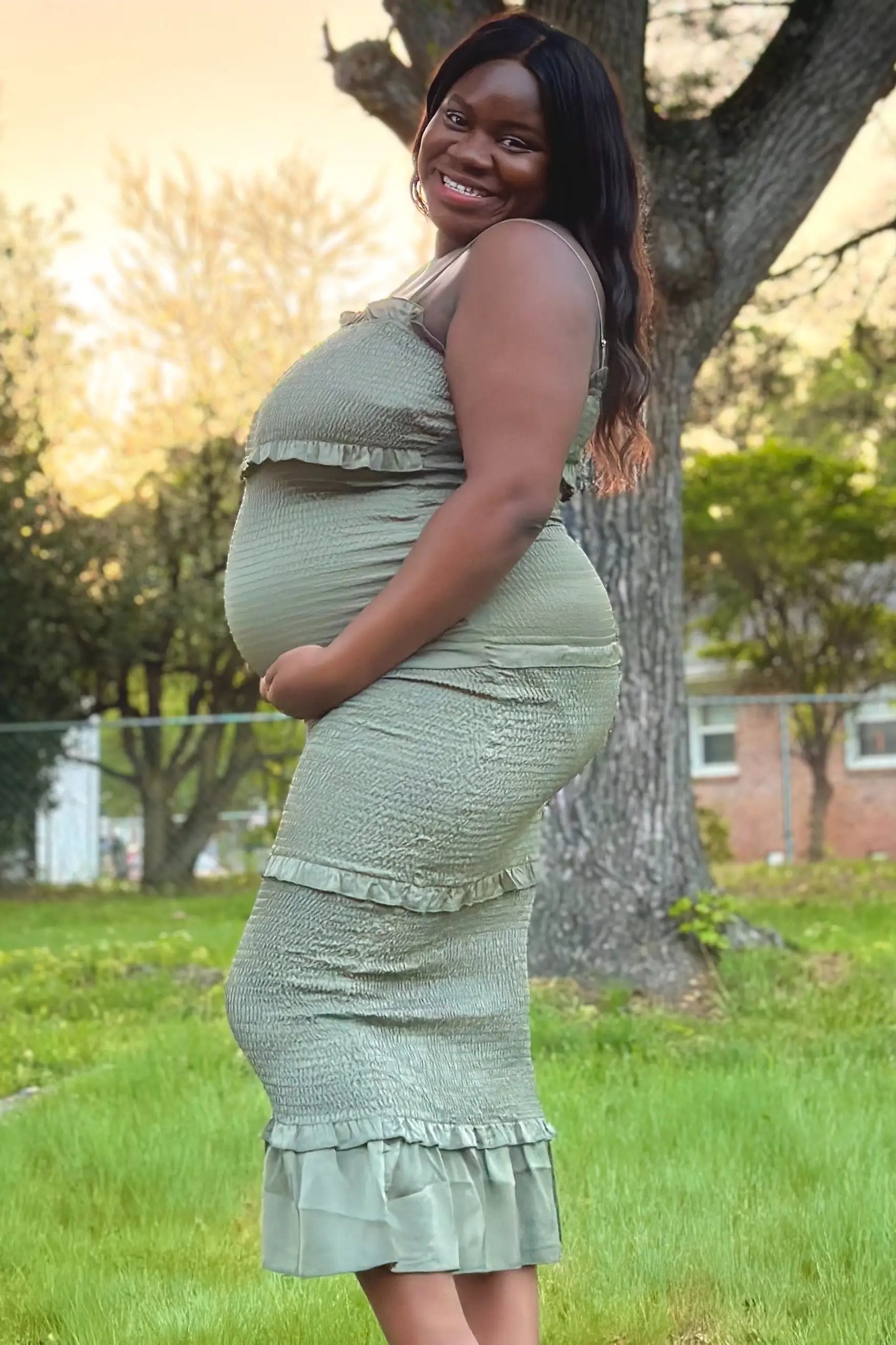 PinkBlush Olive Satin Smocked Fitted Maternity Midi Dress - 