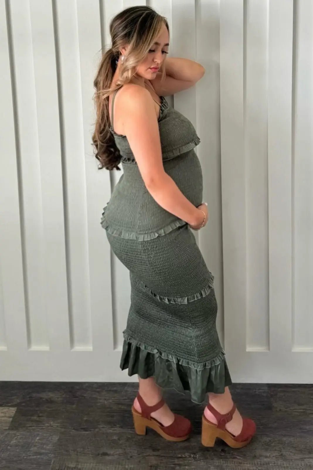 PinkBlush Olive Satin Smocked Fitted Maternity Midi Dress - 