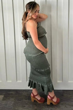 PinkBlush Olive Satin Smocked Fitted Maternity Midi Dress - 