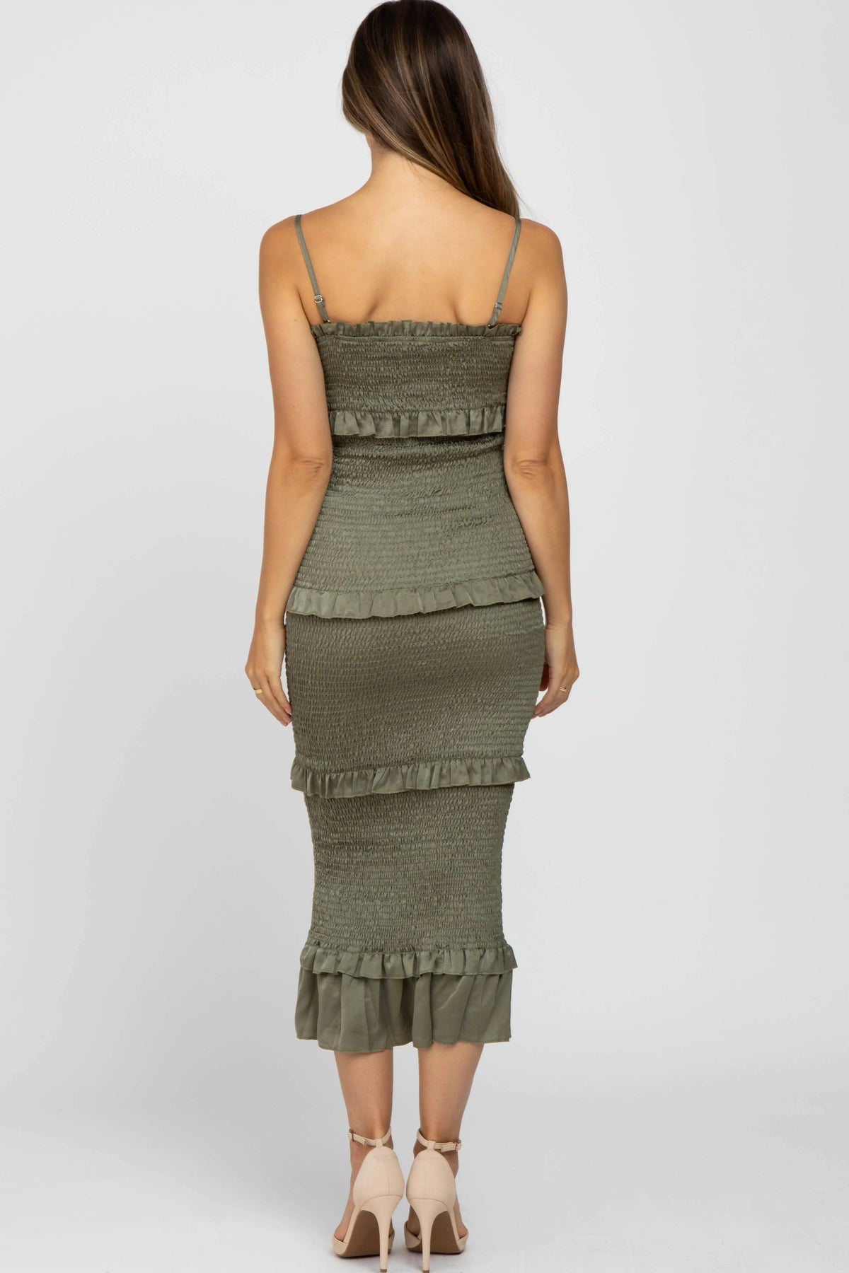 PinkBlush Olive Satin Smocked Fitted Maternity Midi Dress - 