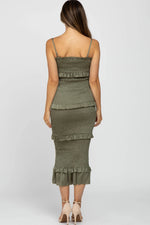 PinkBlush Olive Satin Smocked Fitted Maternity Midi Dress - 
