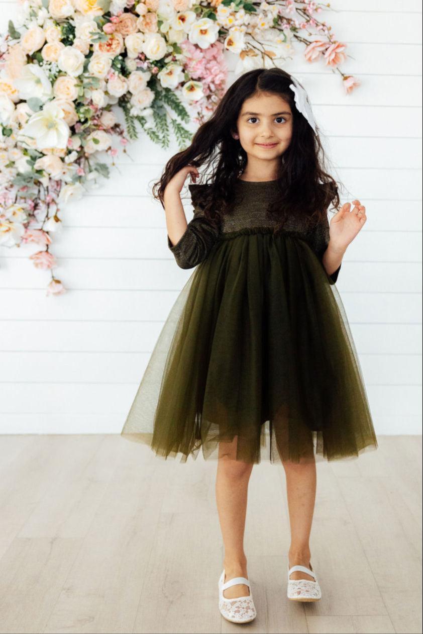 Mila & Rose ® Olive Shimmer 3/4 Sleeve Tutu Dress - 