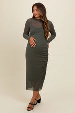 PinkBlush Olive Shimmer Mesh Long Sleeve Ruched Maternity Midi Dress - 