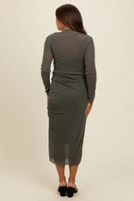 PinkBlush Olive Shimmer Mesh Long Sleeve Ruched Maternity Midi Dress - 