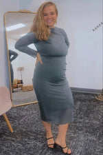 PinkBlush Olive Shimmer Mesh Long Sleeve Ruched Maternity Midi Dress - 