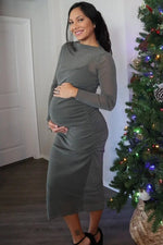 PinkBlush Olive Shimmer Mesh Long Sleeve Ruched Maternity Midi Dress - 