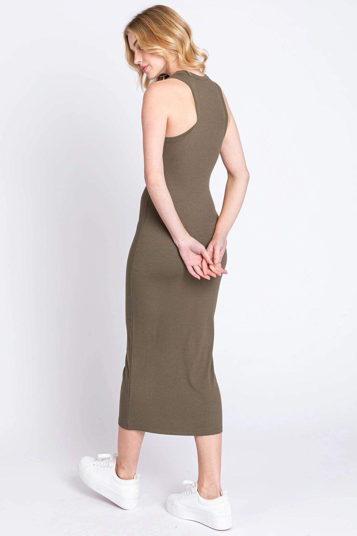 PinkBlush Olive Sleeveless Ribbed Fitted Maternity Midi Dress - 