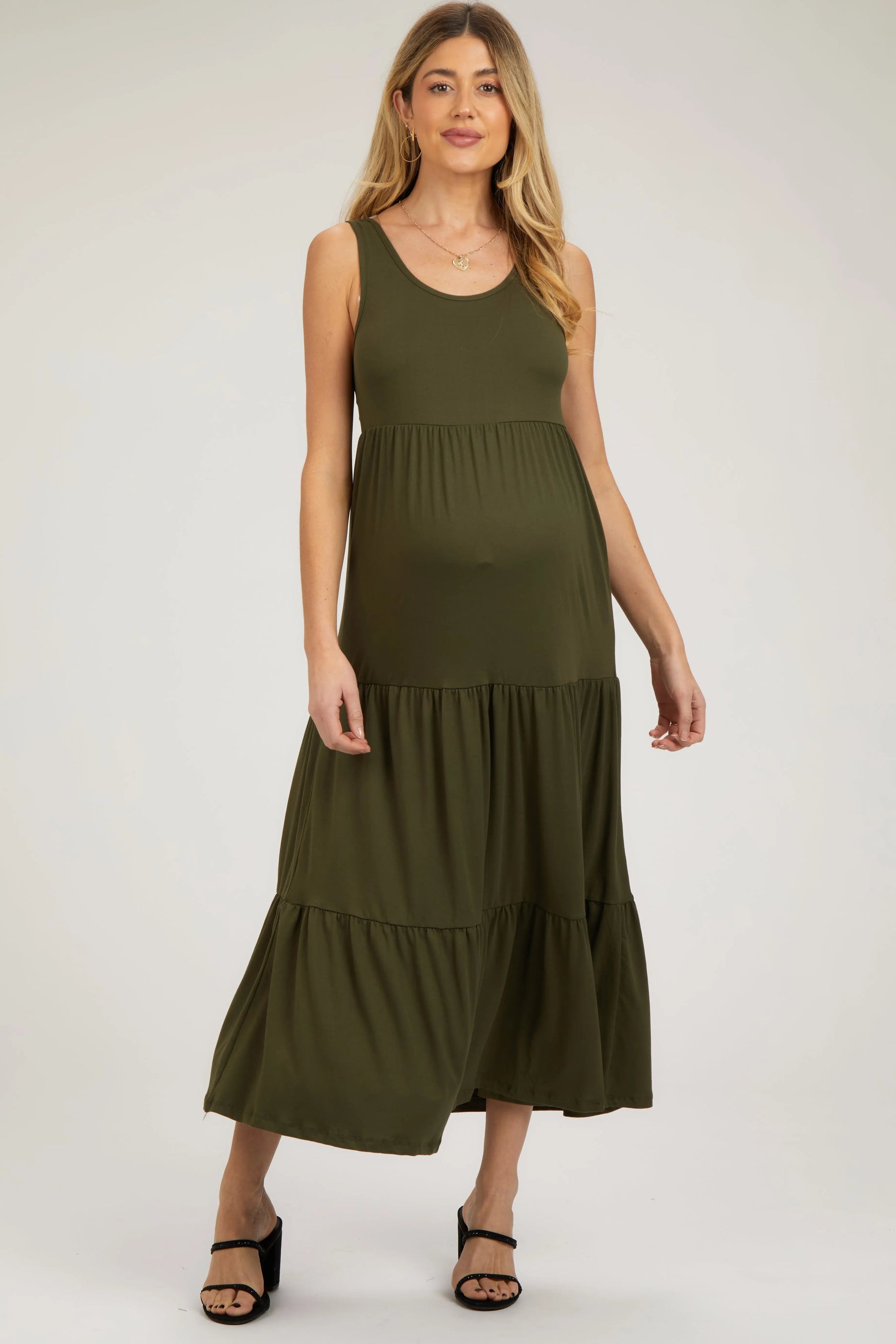 Olive Sleeveless Scoop Back Tiered Maternity Maxi Dress - Fashion, Day Dress, One-piece garment, Fashion design, Cocktail dress | Everetts Place