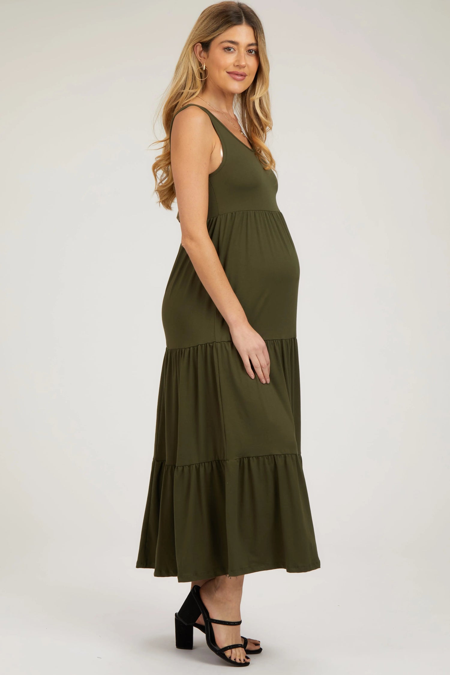 PinkBlush Olive Sleeveless Scoop Back Tiered Maternity Maxi Dress - 