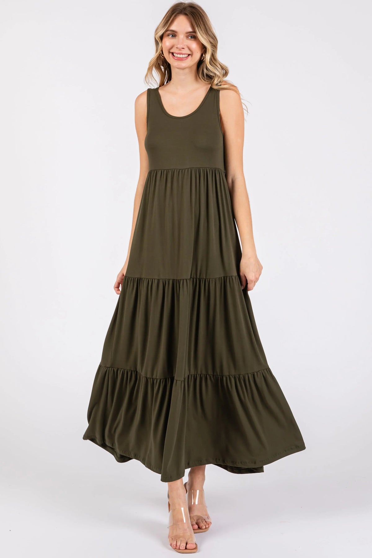 PinkBlush Olive Sleeveless Scoop Back Tiered Maternity Maxi Dress - 