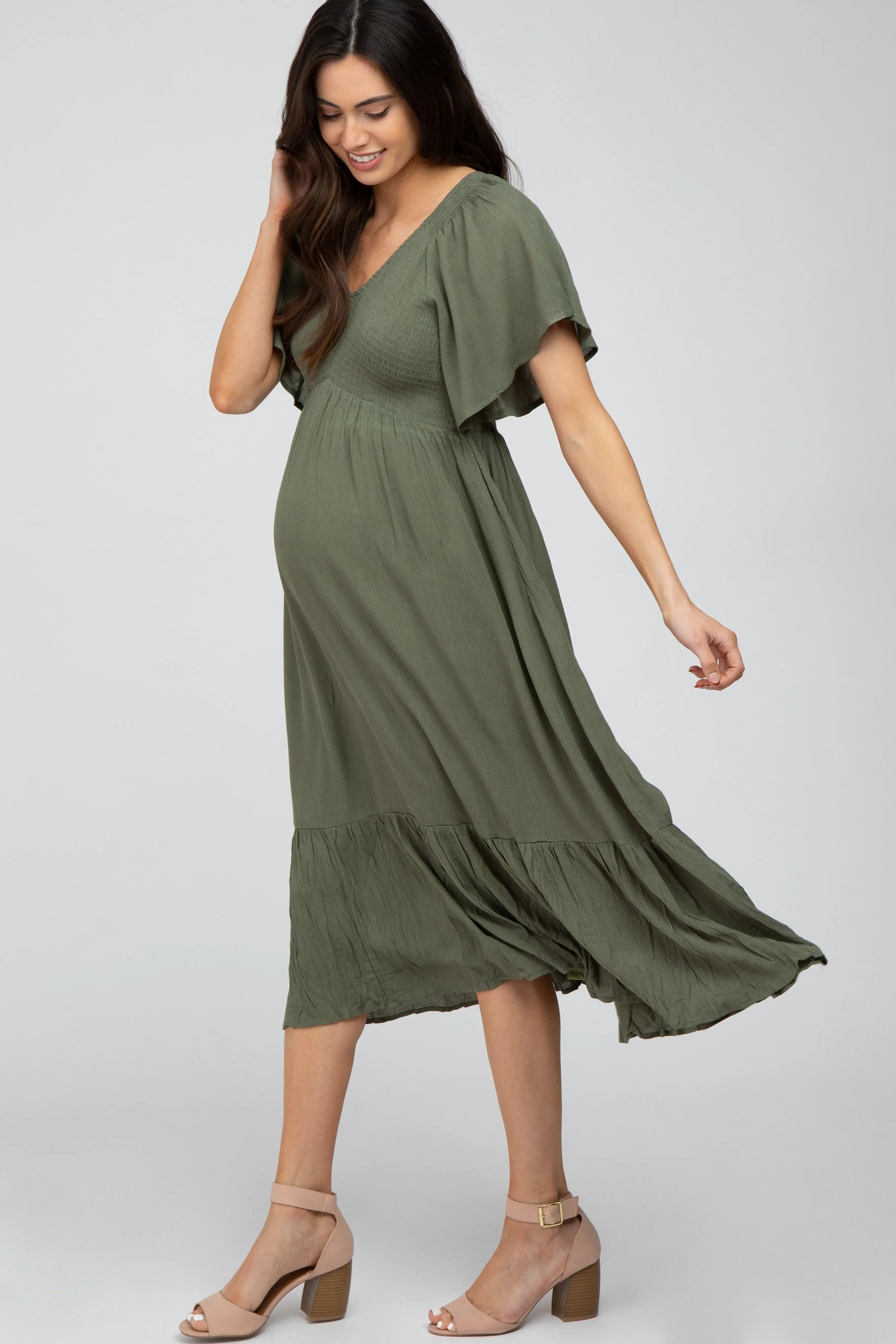 PinkBlush Olive Smocked Ruffle Maternity Dress - 