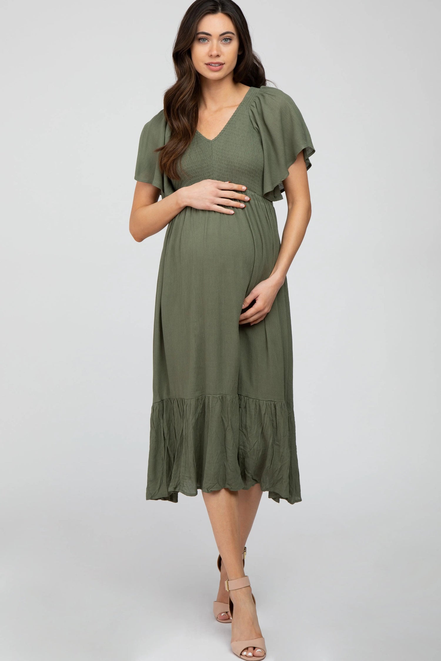 Olive Smocked Ruffle Maternity Dress - Day Dress, One-piece garment, Waist, Cocktail dress, Ruffle | Everetts Place