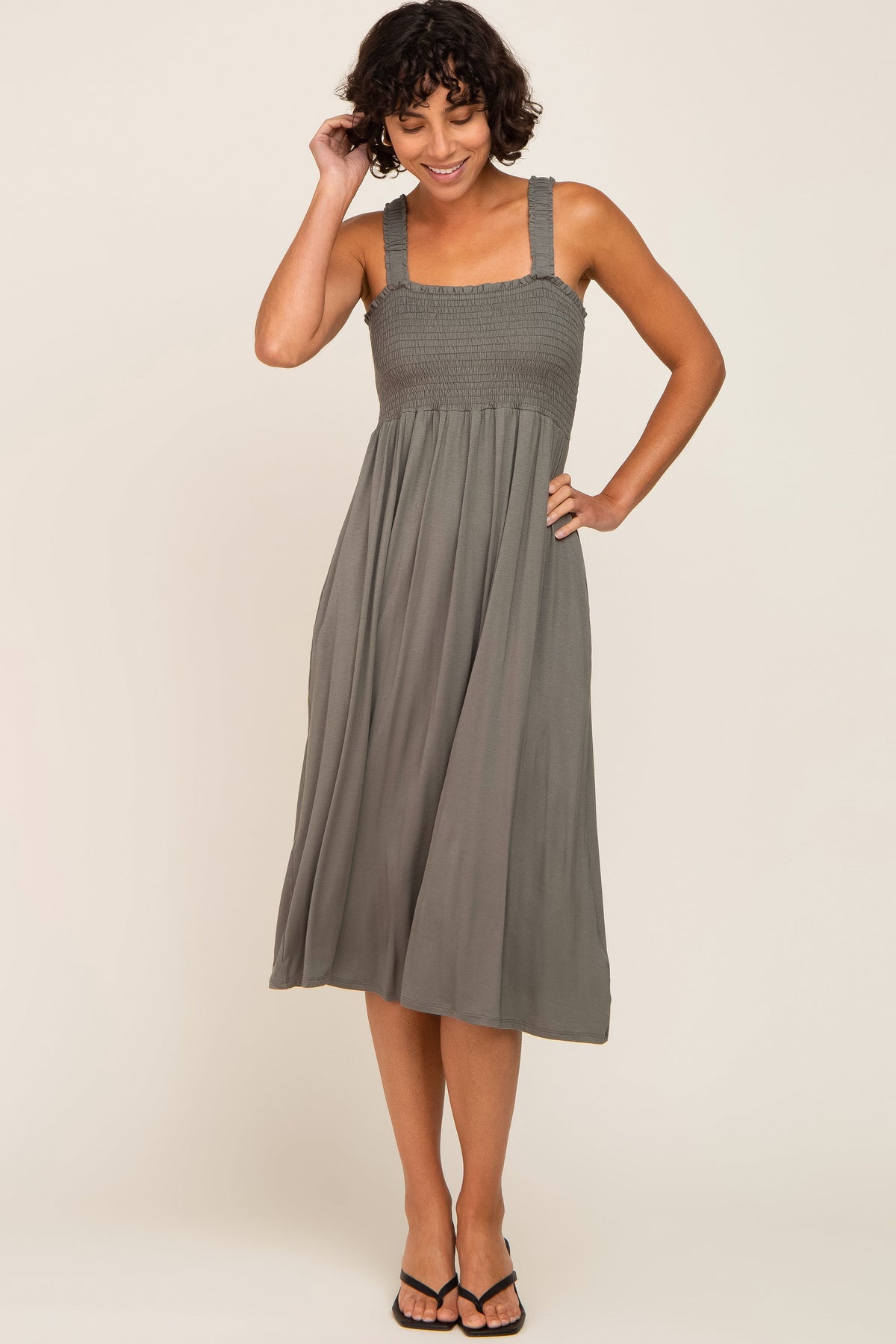 PinkBlush Olive Smocked Ruffle Strap Maternity Midi Dress Everetts Place