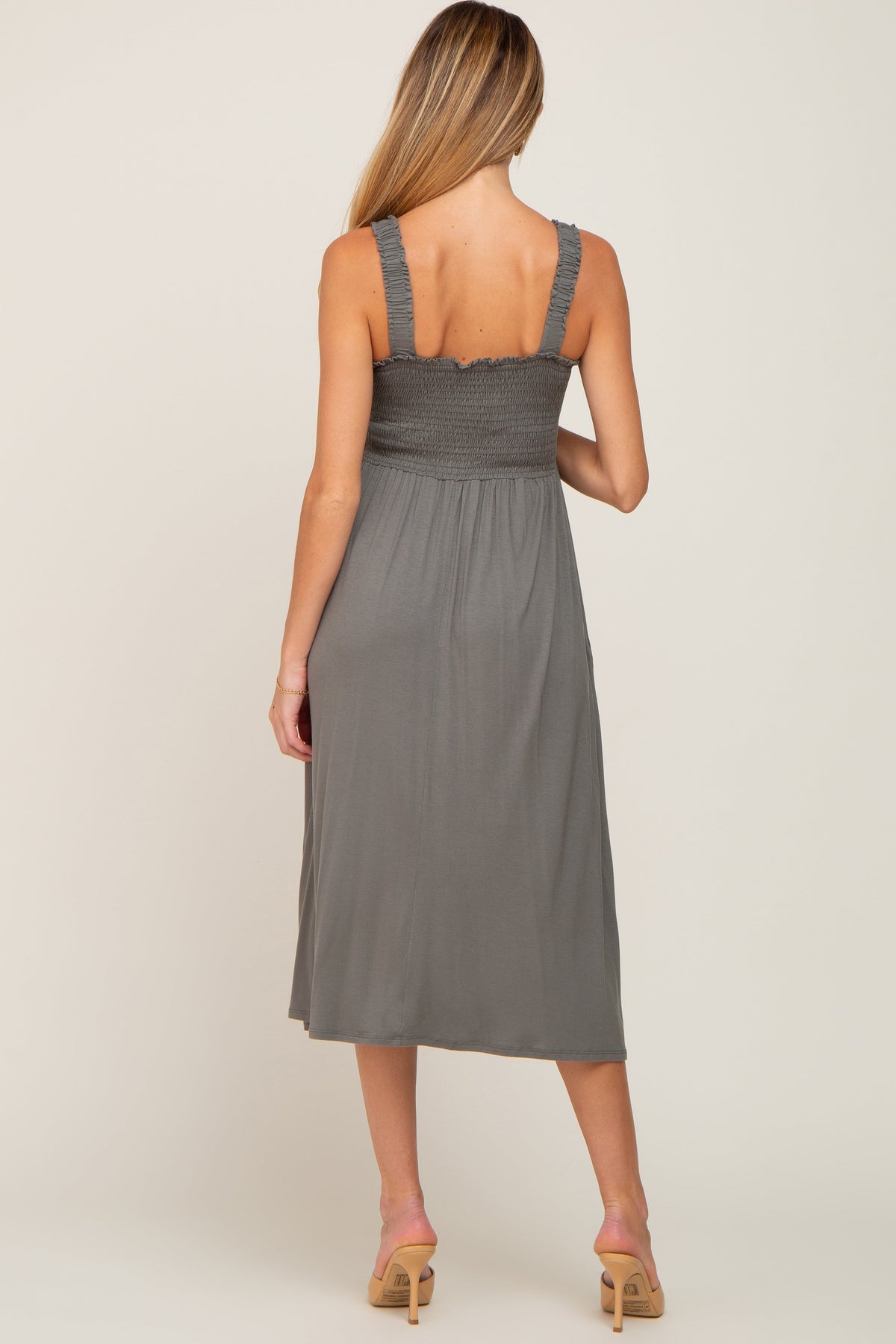 PinkBlush Olive Smocked Ruffle Strap Maternity Midi Dress Everetts Place