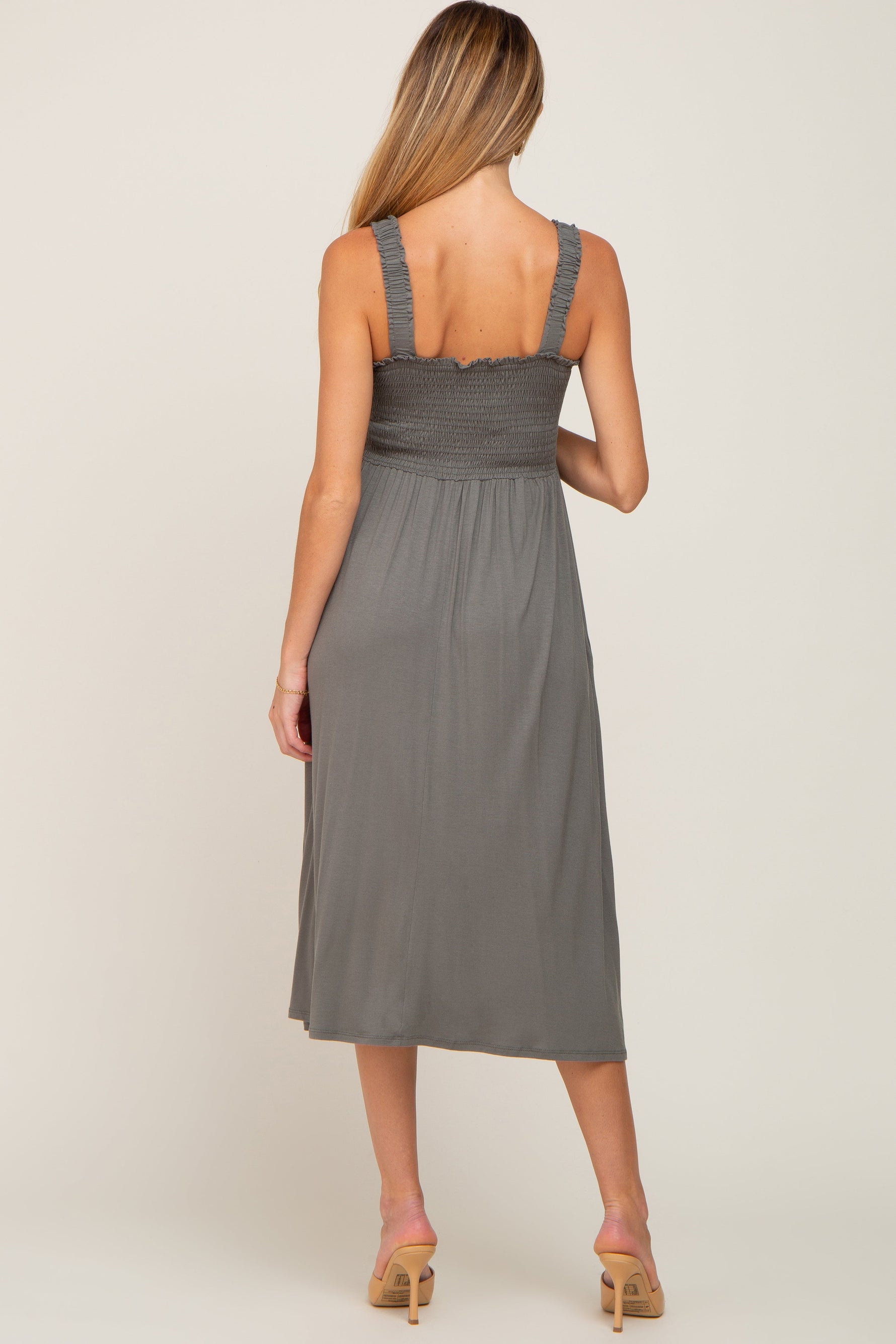 PinkBlush Olive Smocked Ruffle Strap Maternity Midi Dress Everetts Place