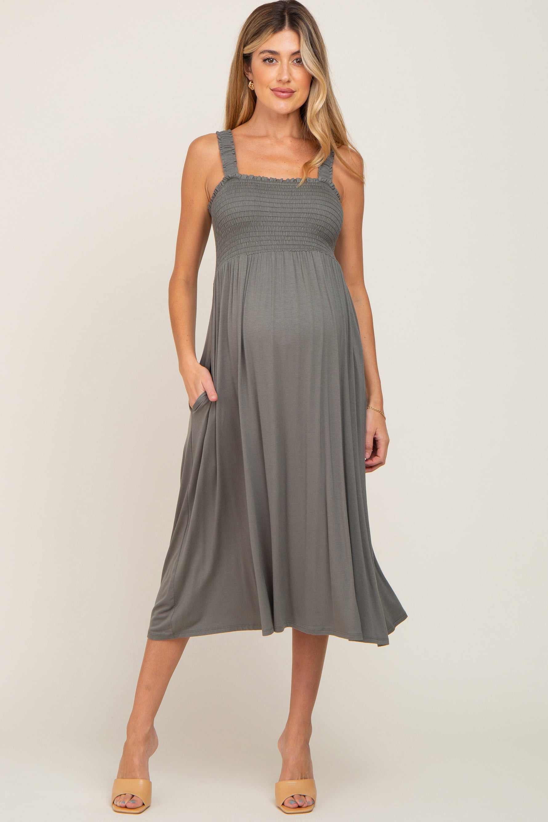 PinkBlush Olive Smocked Ruffle Strap Maternity Midi Dress Everetts Place