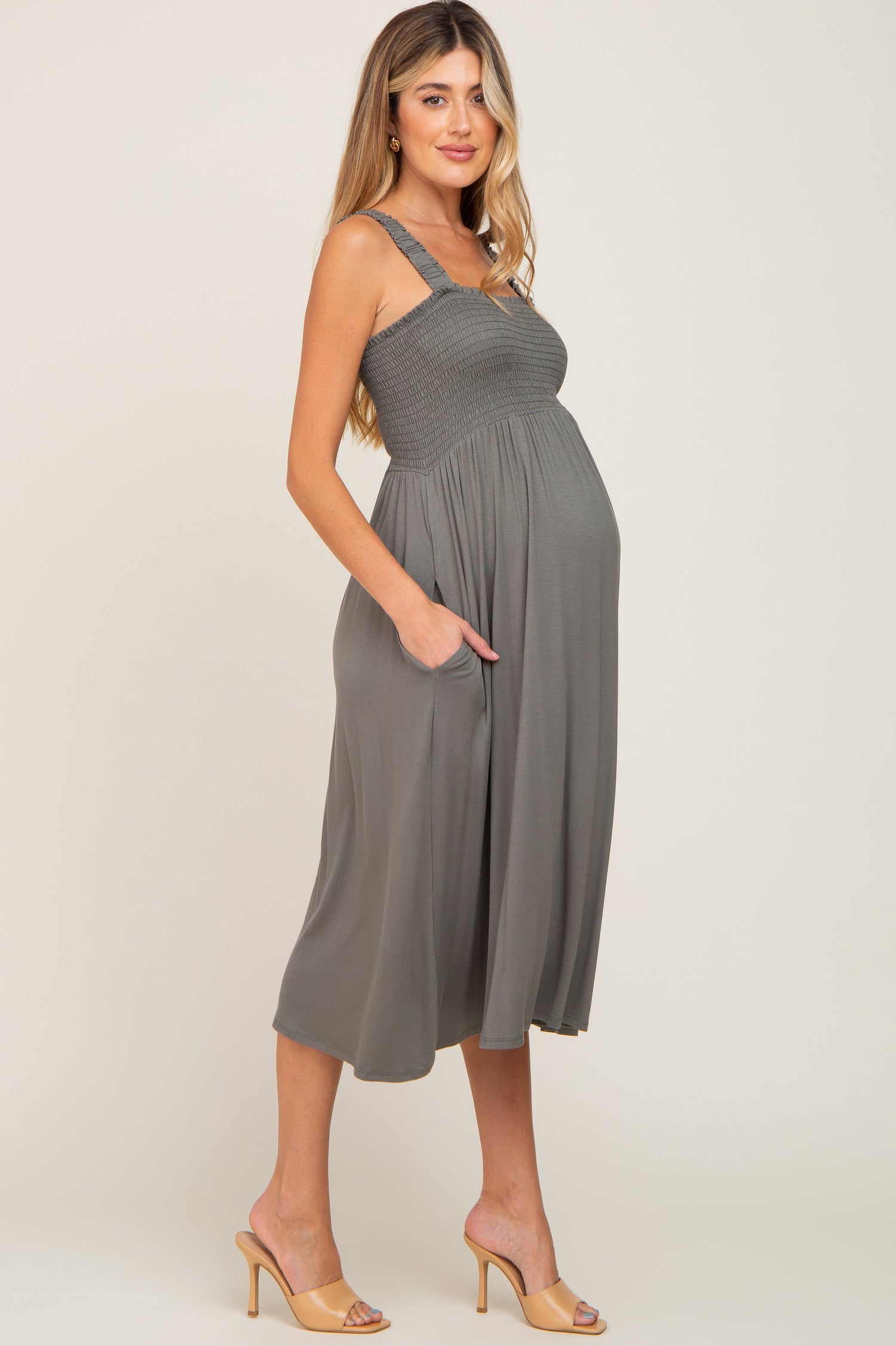 PinkBlush Olive Smocked Ruffle Strap Maternity Midi Dress Everetts Place