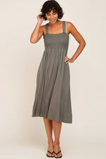 Olive Smocked Ruffle Strap Midi Dress - Shoulder, Dress, Hairstyle, One-piece garment, Day Dress | Everetts Place