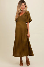 PinkBlush Olive Smocked V - Neck Short Puff Sleeve Textured Maternity Midi Dress - 