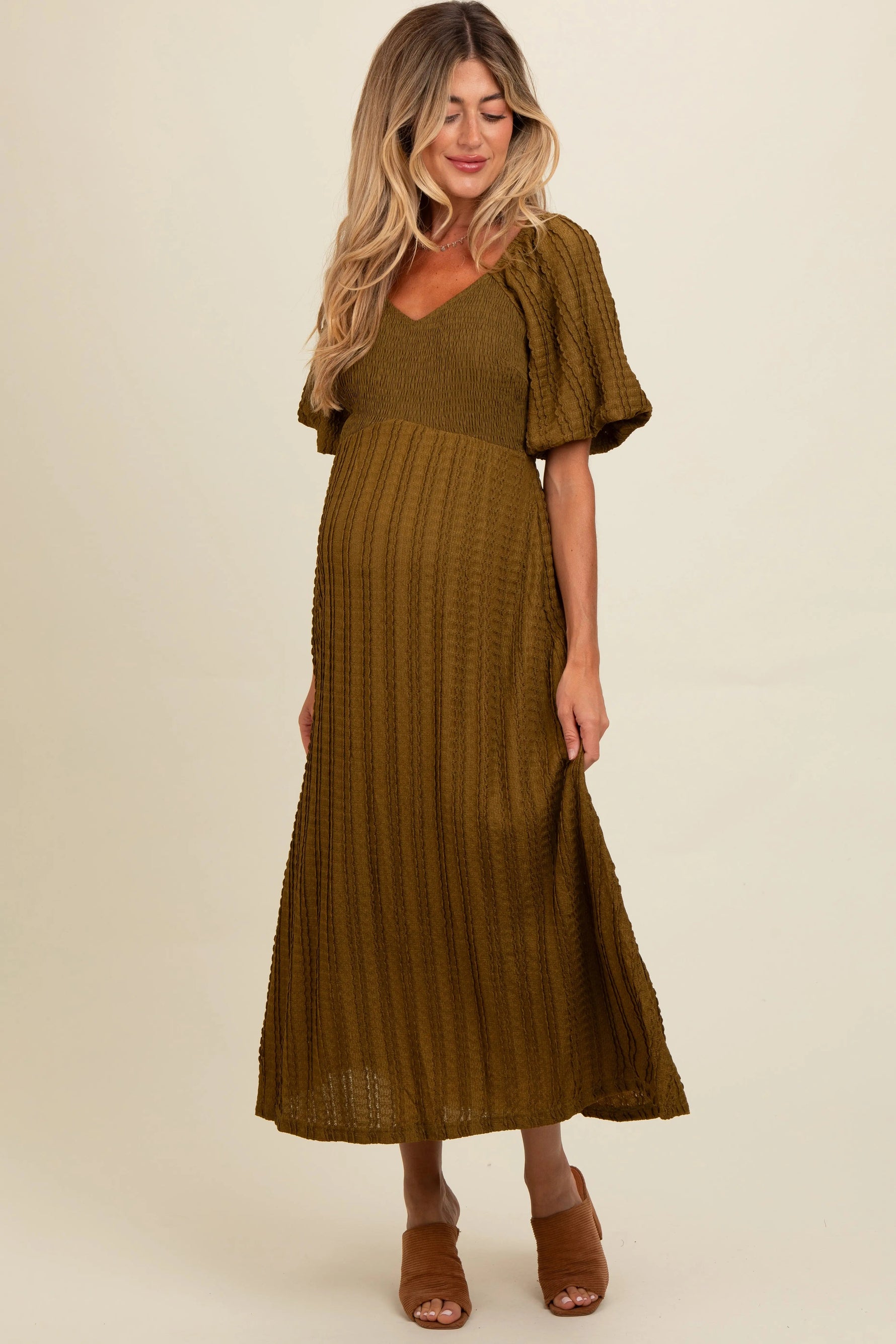 PinkBlush Olive Smocked V - Neck Short Puff Sleeve Textured Maternity Midi Dress - 
