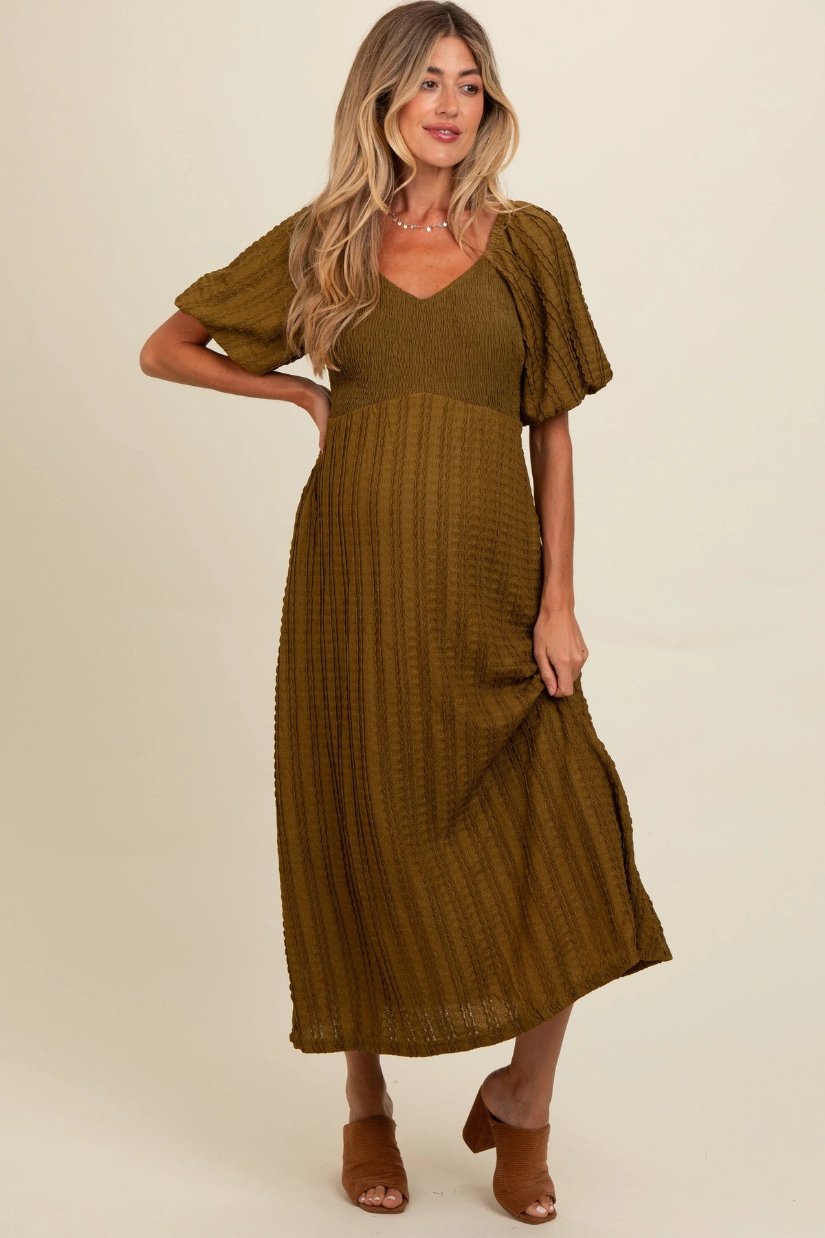 PinkBlush Olive Smocked V - Neck Short Puff Sleeve Textured Maternity Midi Dress - 