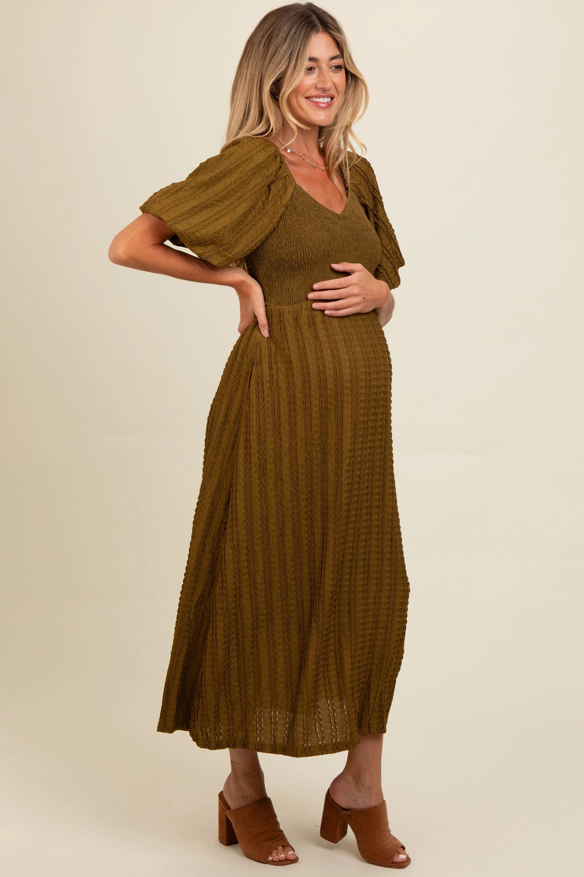 PinkBlush Olive Smocked V - Neck Short Puff Sleeve Textured Maternity Midi Dress - 
