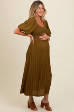 PinkBlush Olive Smocked V - Neck Short Puff Sleeve Textured Maternity Midi Dress - 