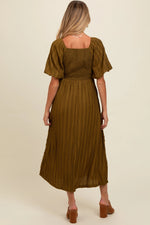PinkBlush Olive Smocked V - Neck Short Puff Sleeve Textured Maternity Midi Dress - 