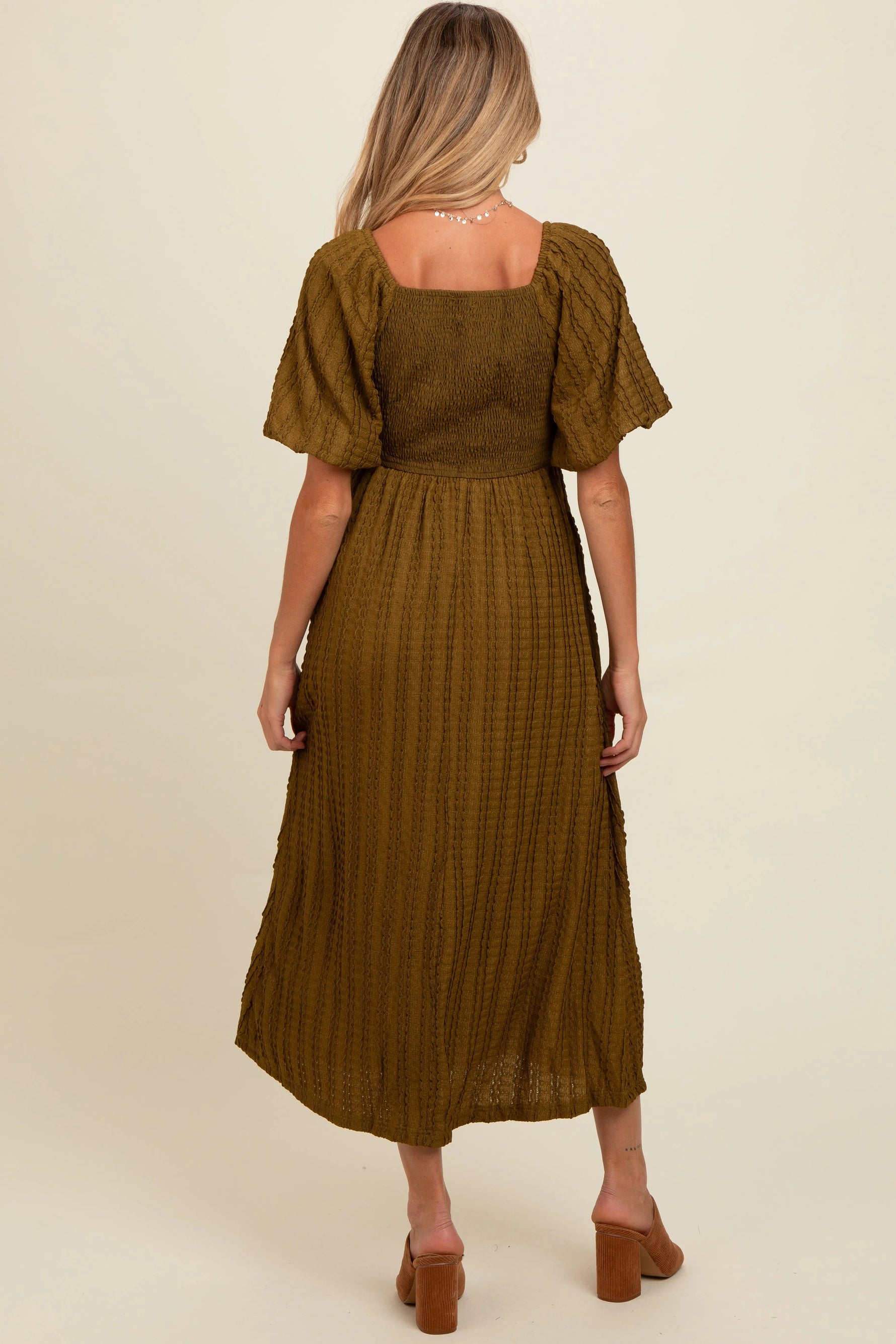 PinkBlush Olive Smocked V - Neck Short Puff Sleeve Textured Maternity Midi Dress - 