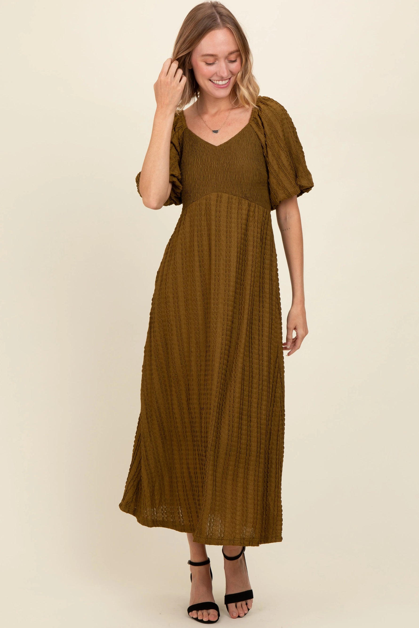 PinkBlush Olive Smocked V - Neck Short Puff Sleeve Textured Maternity Midi Dress - 