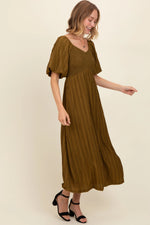 PinkBlush Olive Smocked V - Neck Short Puff Sleeve Textured Midi Dress - 