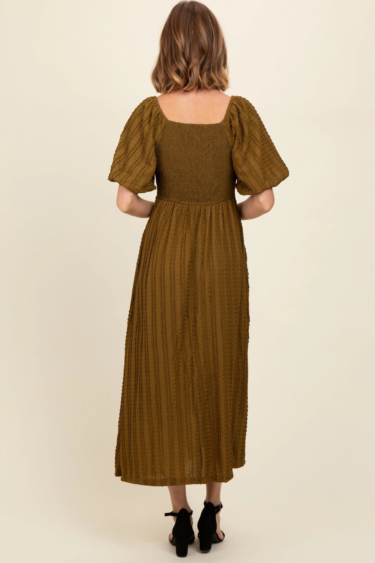 PinkBlush Olive Smocked V - Neck Short Puff Sleeve Textured Midi Dress - 