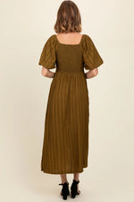 PinkBlush Olive Smocked V - Neck Short Puff Sleeve Textured Midi Dress - 
