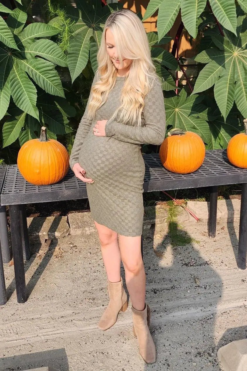 PinkBlush Olive Soft Brushed Knit Long Sleeve Maternity Dress - 